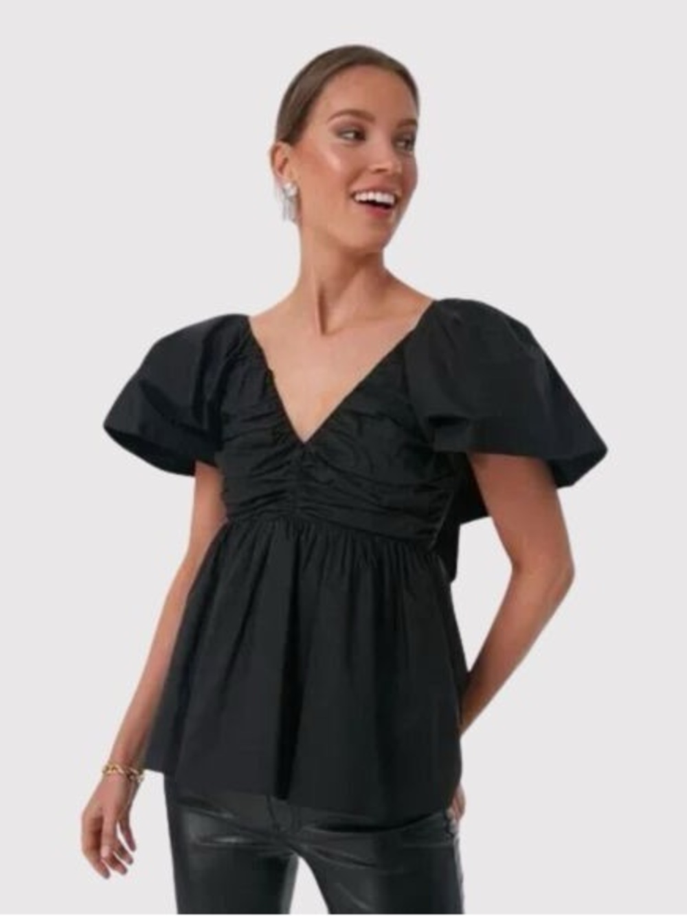 Black Puff-Sleeve V-Neck Women’s Top
